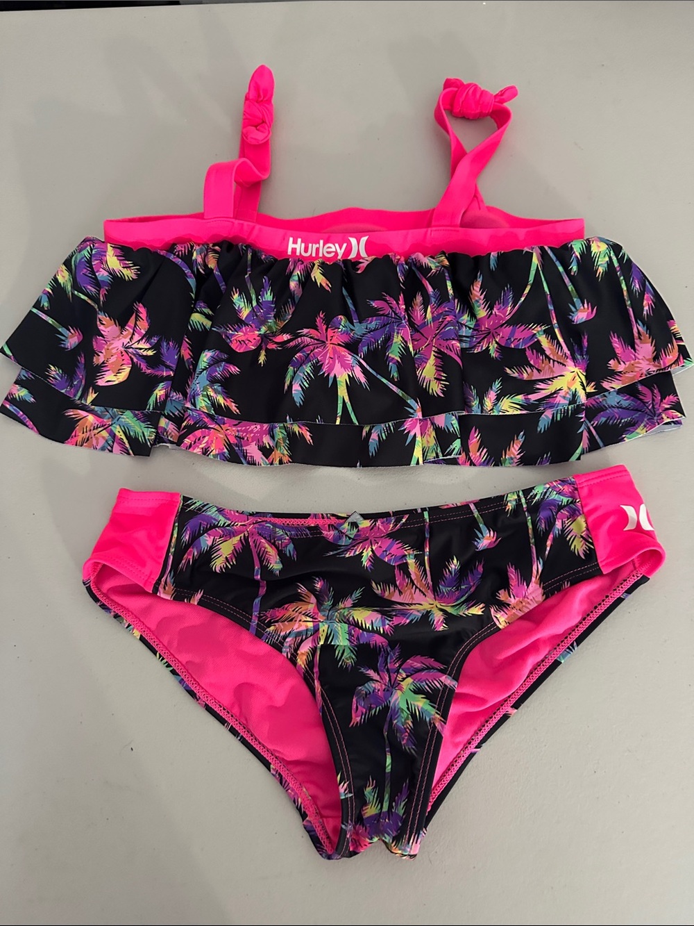 Hurley Tropical Palm Ruffle Bikini in Hot Pink and Black